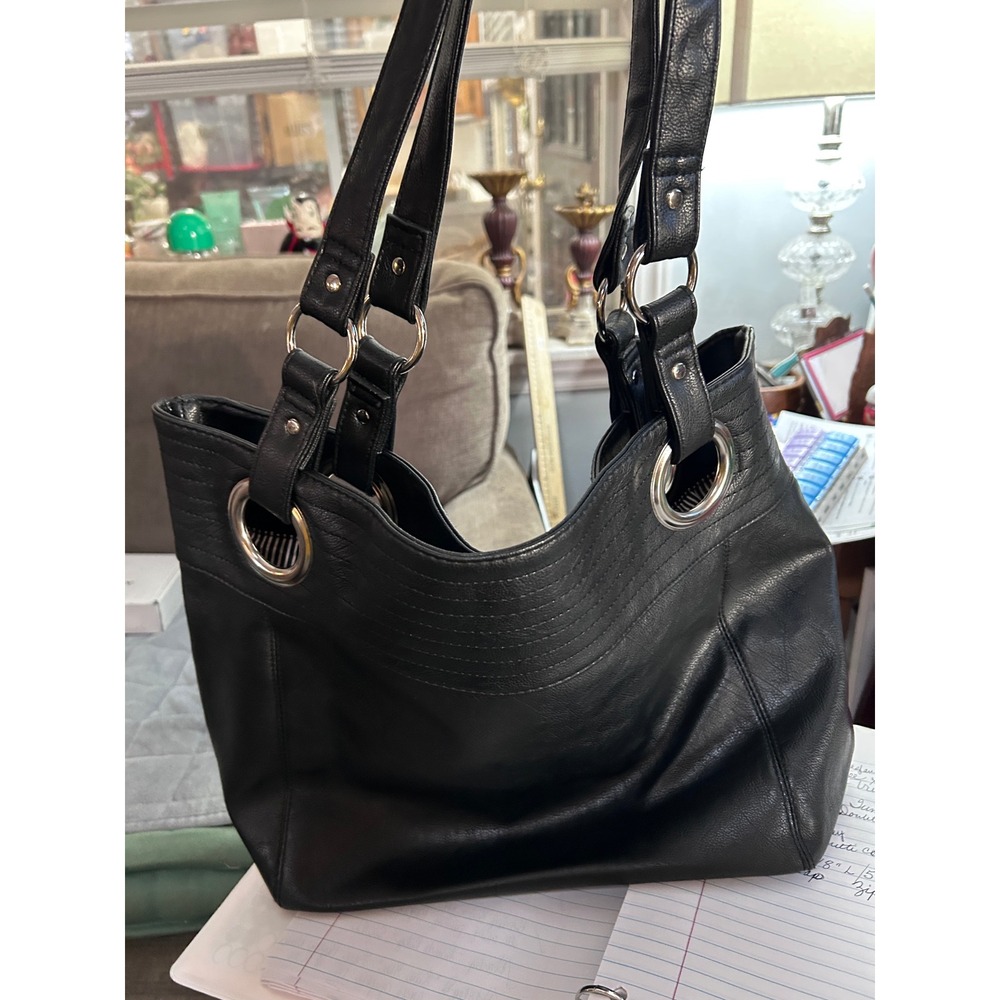 Womens Black Faux Leather Shoulder Bag Hobo Purse With Silver Tone Hardware